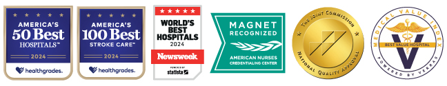 Healthgrades America's 50 Best Hospitals 2024, Healthgrades America's 100 Best Hospitals for Stroke Care 2024, Newsweek World's Best Hospitals 2024, Magnet Recognized by American Nurses Credentialing Center, The Joint Commission National Quality Approval Badge, and Verras Best Value Hospital