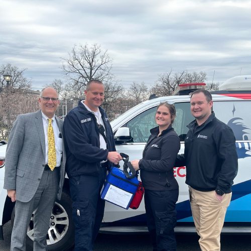 TowerDIRECT paramedics, first in the state to carry blood products for patient transfusions, posing for picture with Dr. Charles Barbera at Reading Hospital.